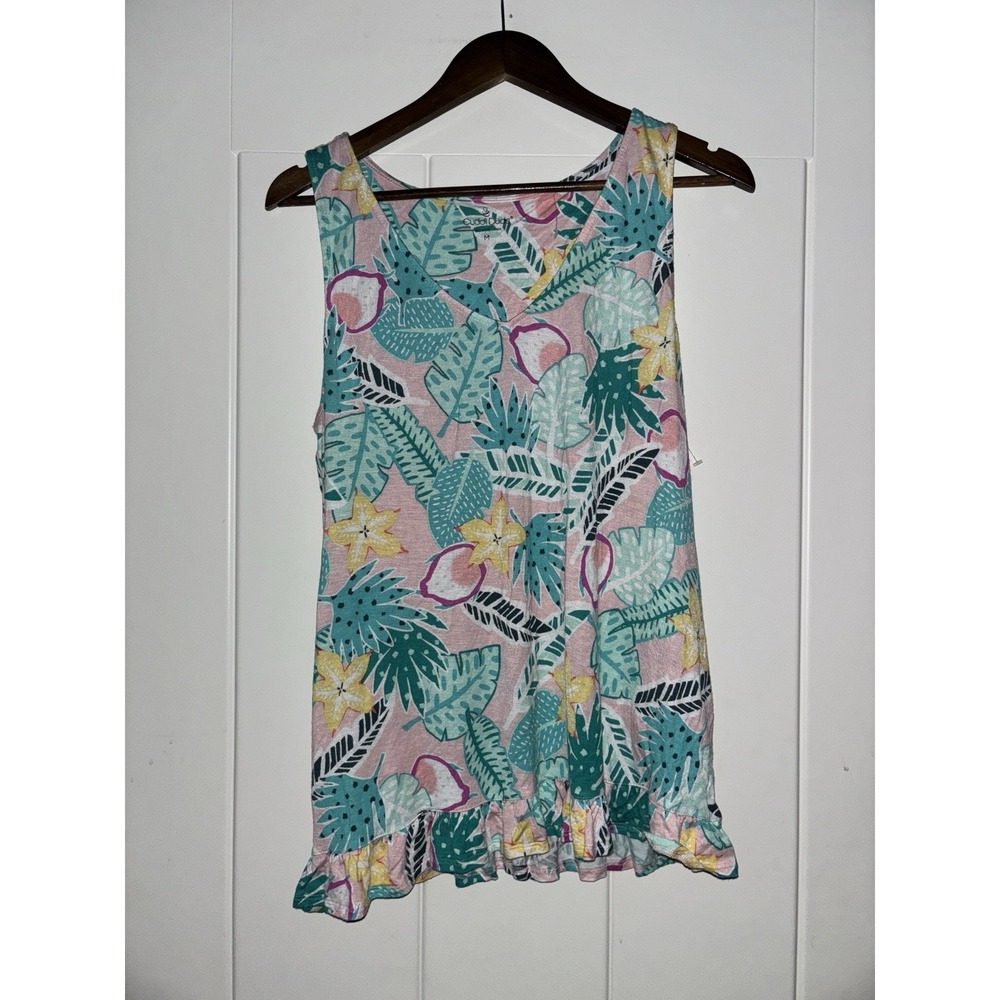 Cuddl Duds V-Neck Floral Ruffle Trim Knit Sleeveless Green Pajama Top Women‎ M